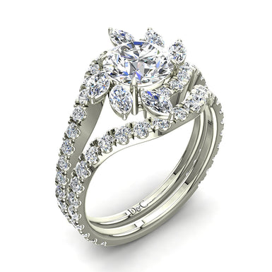 Bague Lisette solitaire diamant rond et diamants marquises 1.40 carat I / SI / Or Blanc 18 carats