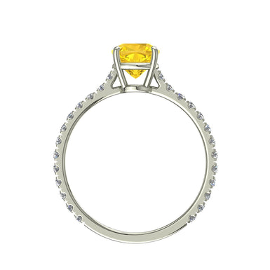 Bague saphir jaune princesse et diamants ronds 0.60 carat Cindirella A / SI / Or Blanc 18 carats