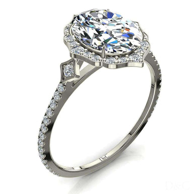 Bague Anna solitaire diamant ovale et diamants ronds 0.80 carat I / SI / Or Blanc 18 carats