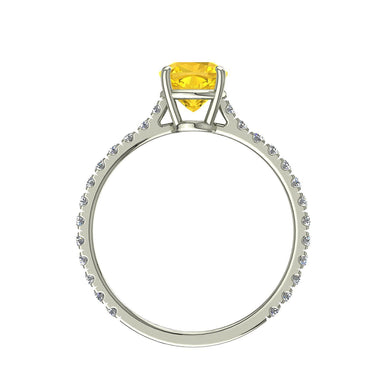 Bague de fiançailles saphir jaune coussin et diamants ronds 0.60 carat Jenny A / SI / Or Blanc 18 carats