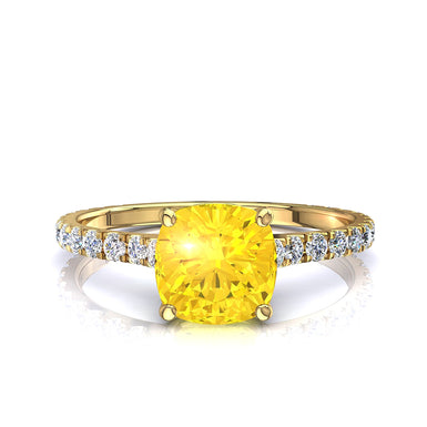 Bague de fiançailles saphir jaune coussin et diamants ronds 0.60 carat Jenny A / SI / Or Jaune 18 carats