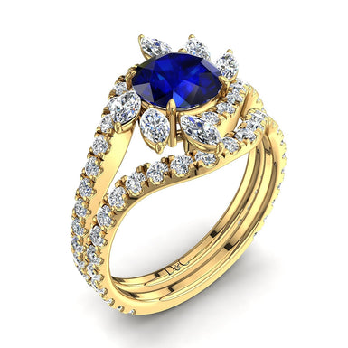 Bague de mariage saphir rond et diamants marquises et diamants ronds 1.70 carat Lisette A / SI / Or Jaune 18 carats
