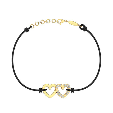 Bracelet cordon 2 Cœurs en Or avec diamant Or Jaune 18 carats / Noir