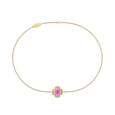 Bracelet saphir rose rond et diamants ronds 0.25 carat Giulia trefle A / SI / Or Jaune 18 carats