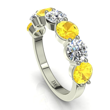 Demi-alliance 7 saphirs jaunes ronds et diamants ronds 0.35 carat Adia A / SI / Or Blanc 18 carats