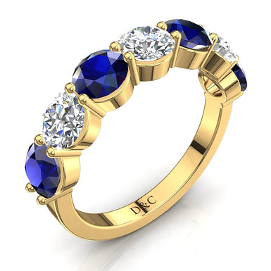 Demi-alliance 7 saphirs ronds et diamants ronds 0.35 carat Adia A / SI / Or Jaune 18 carats