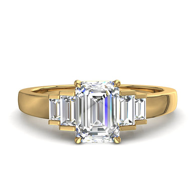 Anello solitario con smeraldo e diamanti baguette 1.10 carati Alessia I/SI/Oro giallo 18 carati