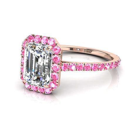 Anello con smeraldo diamanti e zaffiri rosa tondi Camogli in oro rosa 0.80 carati