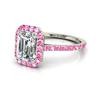 Anello con smeraldo diamanti e zaffiri rosa tondi Camogli in oro bianco 1.10 carati