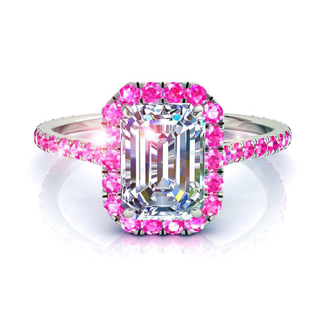 Anello di fidanzamento in oro bianco 1.20 carati con smeraldi di Camogli e zaffiri rosa tondi