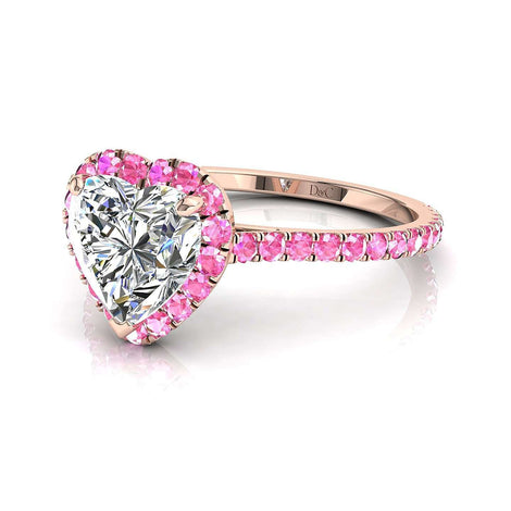 Anello di fidanzamento diamante cuore e zaffiri rosa tondi oro rosa 1.10 carati Camogli