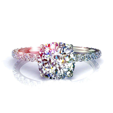 Solitaire diamant coussin et diamants ronds Valentine 0.90 carat I / SI / Or Blanc 18 carats