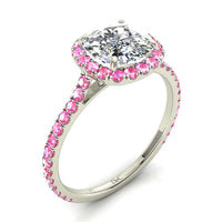 Anello con diamanti cushion e zaffiri rosa tondi Camogli in oro bianco 0.90 carati