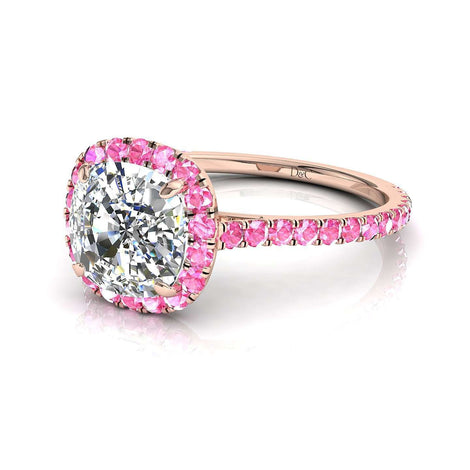 Anello con diamanti cushion e zaffiri rosa tondi Camogli in oro rosa 0.90 carati