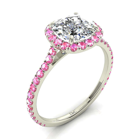 Anello di fidanzamento diamante cuscino e zaffiri rosa tondi oro bianco 1.40 carati Camogli