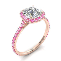 Anello di fidanzamento in oro rosa 1.40 carati Camogli con diamanti taglio cuscino e zaffiri rosa tondi