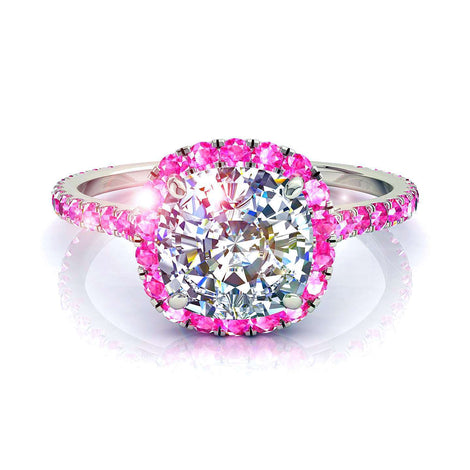 Anello di fidanzamento diamante cuscino e zaffiri rosa tondi oro bianco 1.70 carati Camogli