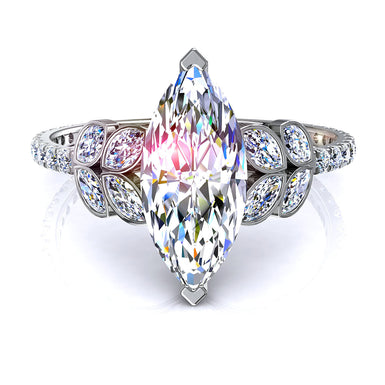 Bague Angela diamant marquise et diamants ronds 0.90 carat I / SI / Or Blanc 18 carats