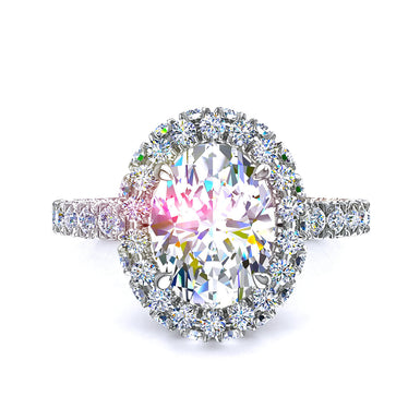 Bague Viviane solitaire diamant ovale et diamants ronds 1.50 carat I / SI / Or Blanc 18 carats