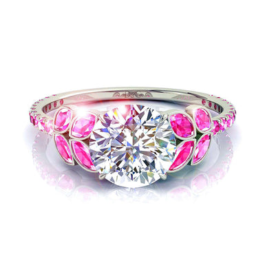 Anel diamante redondo e safiras rosa marquesa e safiras rosa redondas 1.00 quilates Angela I / SI / ouro branco 18 quilates