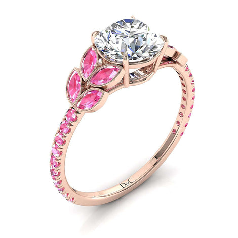 Anello diamante tondo e zaffiri rosa marquise e zaffiri rosa tondi oro rosa 1.10 carati Angela