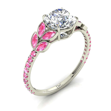 Anello diamante tondo e zaffiri rosa marquise e zaffiri rosa tondi oro bianco 1.50 carati Angela