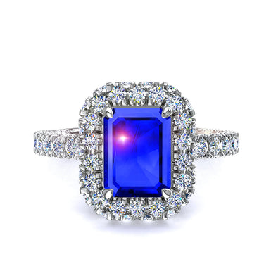 Anello di fidanzamento con zaffiro e diamanti rotondi Viviane Emerald 1.40 carati A / SI / Oro bianco 18 carati