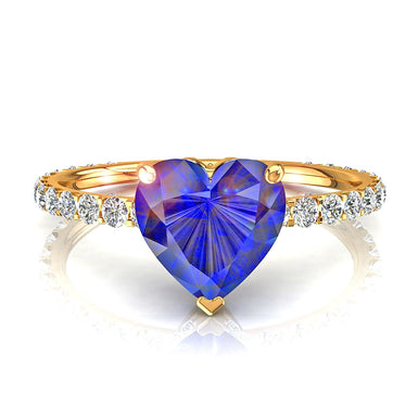 Anel de noivado coração safira e diamantes redondos 0.80 quilates Valentine A / SI / ouro amarelo 18k