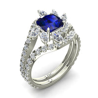Lisette anello di fidanzamento con zaffiro cushion e diamante marquise oro bianco 1.70 carati