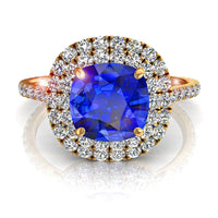 Bague de fiançailles saphir coussin et diamants ronds 1.60 carat or jaune Antoinette