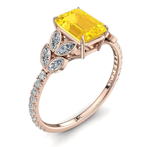 Bague de fiançailles saphir jaune Émeraude et diamants marquises 1.30 carat or rose Angela
