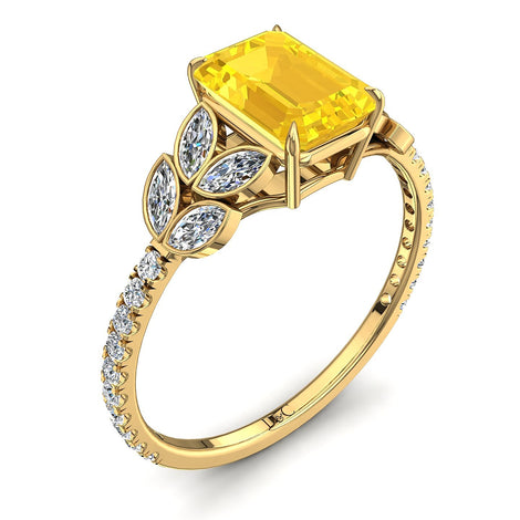 Solitaire saphir jaune Émeraude et diamants marquises 2.60 carats or jaune Angela