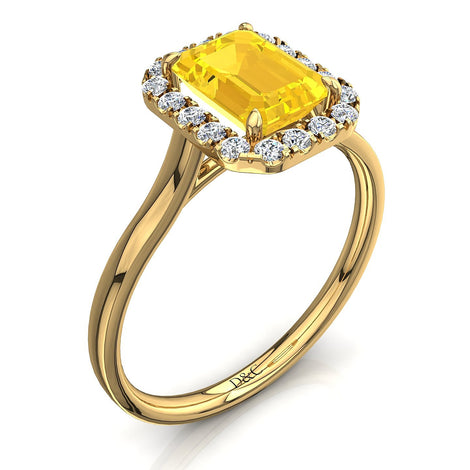 Anello di fidanzamento zaffiro giallo Smeraldo e diamanti tondi 0.60 carati oro giallo Capri