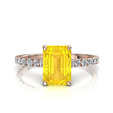Bague saphir jaune Émeraude et diamants ronds 0.60 carat Jenny A / SI / Or Rose 18 carats