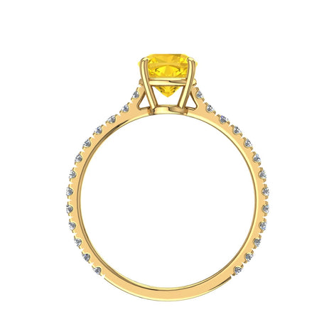 Solitario zaffiro giallo smeraldo e diamanti tondi Cindirella in oro giallo 0.70 carati