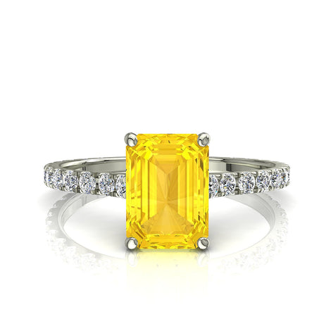Anello di fidanzamento Zaffiro giallo smeraldo e diamanti tondi Jenny in oro bianco 0.80 carati
