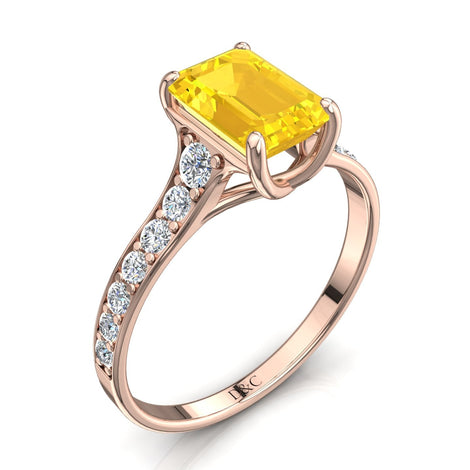 Bague de fiançailles saphir jaune Émeraude et diamants ronds 0.90 carat or rose Cindirella