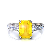 Solitaire saphir jaune Émeraude et diamants ronds 1.00 carat or blanc Cindirella