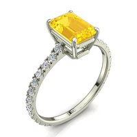 Bague de fiançailles saphir jaune Émeraude et diamants ronds 1.00 carat or blanc Jenny