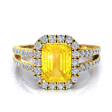 Solitario Smeraldo zaffiro giallo e diamanti tondi 1.10 carati Genova A/SI/Oro Giallo 18k