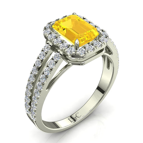 Anello con zaffiro giallo smeraldo e diamanti tondi Genova oro bianco 1.30 carati