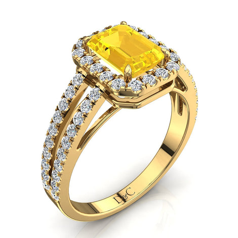 Bague de fiançailles saphir jaune Émeraude et diamants ronds 1.30 carat or jaune Genova