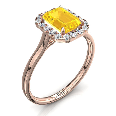 Solitaire saphir jaune Émeraude et diamants ronds 1.40 carat or rose Capri