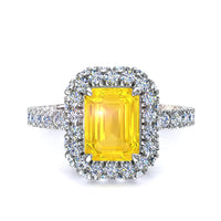 Bague de fiançailles saphir jaune Émeraude et diamants ronds 1.50 carat or blanc Viviane