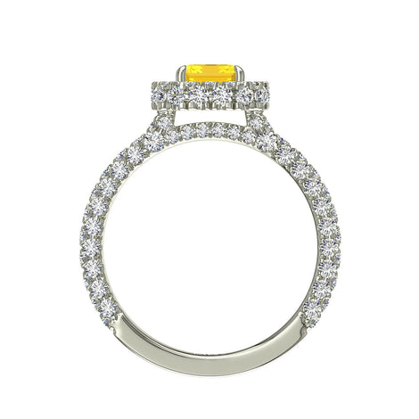 Anello di fidanzamento con zaffiro giallo smeraldo e diamanti tondi Viviane in oro bianco 1.50 carati