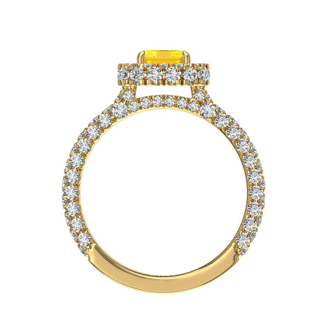Anello di fidanzamento smeraldo zaffiro giallo e diamanti tondi oro giallo 1.50 carati Viviane