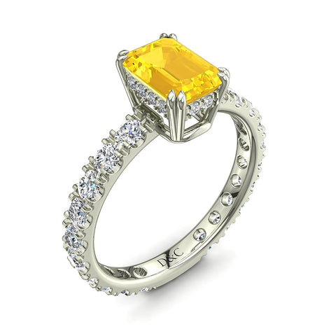 Solitaire saphir jaune Émeraude et diamants ronds 1.70 carat or blanc Valentina