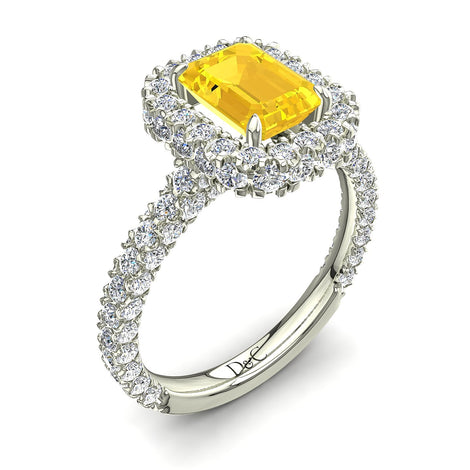 Bague de fiançailles saphir jaune Émeraude et diamants ronds 1.70 carat or blanc Viviane