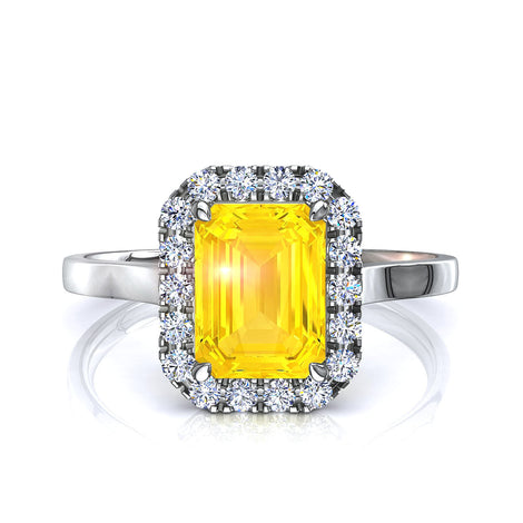 Solitario zaffiro giallo smeraldo e diamanti tondi Capri in oro bianco 2.20 carati