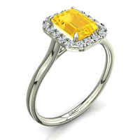 Bague de fiançailles saphir jaune Émeraude et diamants ronds 2.20 carats or blanc Capri